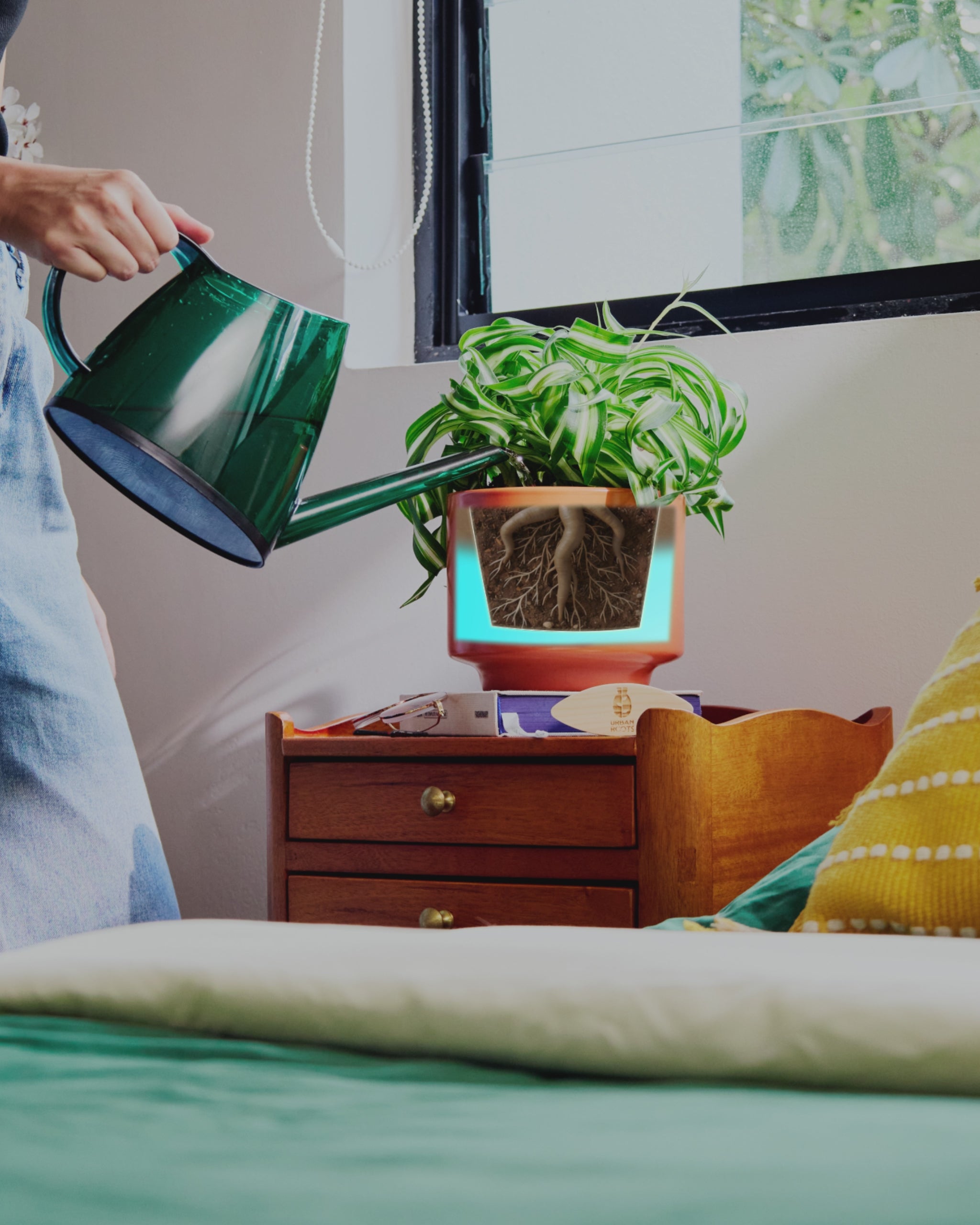PRE ORDER Caladium Bicolor in a handmade ceramic pot being watered, showcasing a self watering indoor plant.